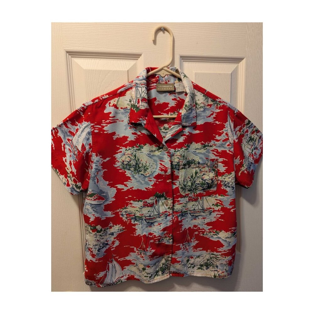Vintage Liz Claiborne Camp Shirt Red Print w Sailboats Sz M VGC